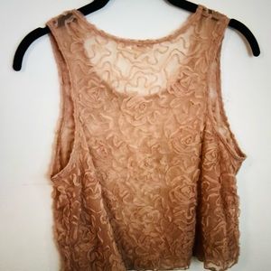 FREE PEOPLE Mesh Tank Top Sheer Champaign Lace Embroidered Top Size Medium